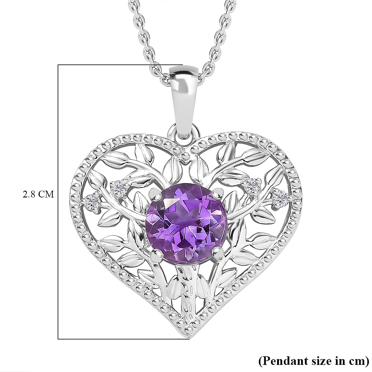 Tree of Life Inspired Natural Rose De Morocco Amethyst & White Zircon Pendant with Chain (Size 20) in Rhodium overlay Sterling Silver 1.980 Ct.