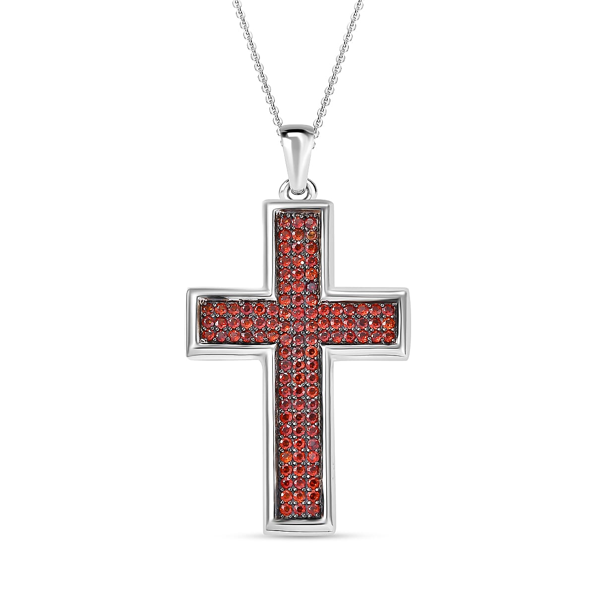 AAA Red Garnet Cross Pendant with Chain (Size 20) in Rhodium Overlay Sterling Silver 1.05 Ct.