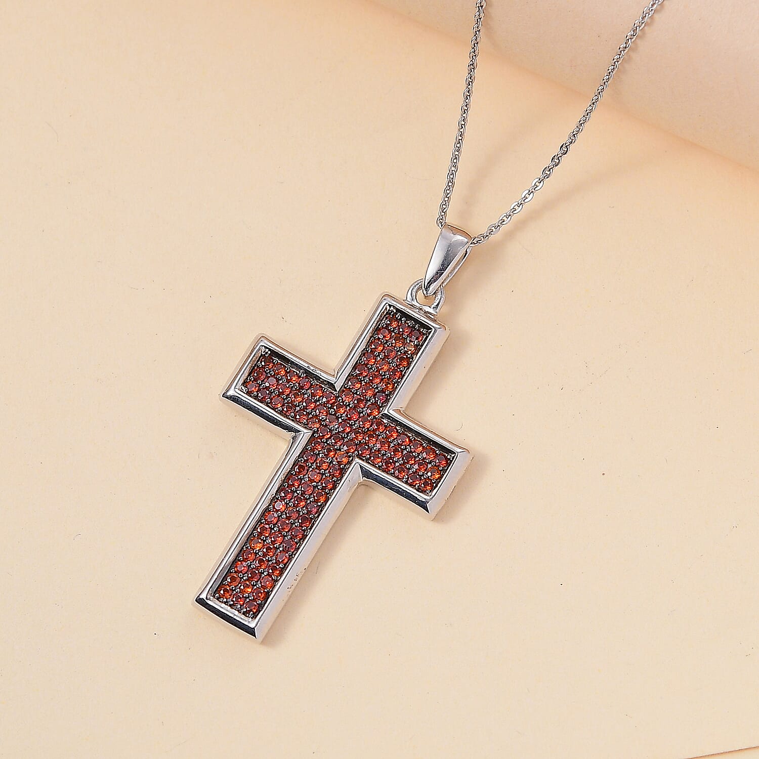 AAA Red Garnet Cross Pendant with Chain (Size 20) in Rhodium Overlay Sterling Silver 1.05 Ct.
