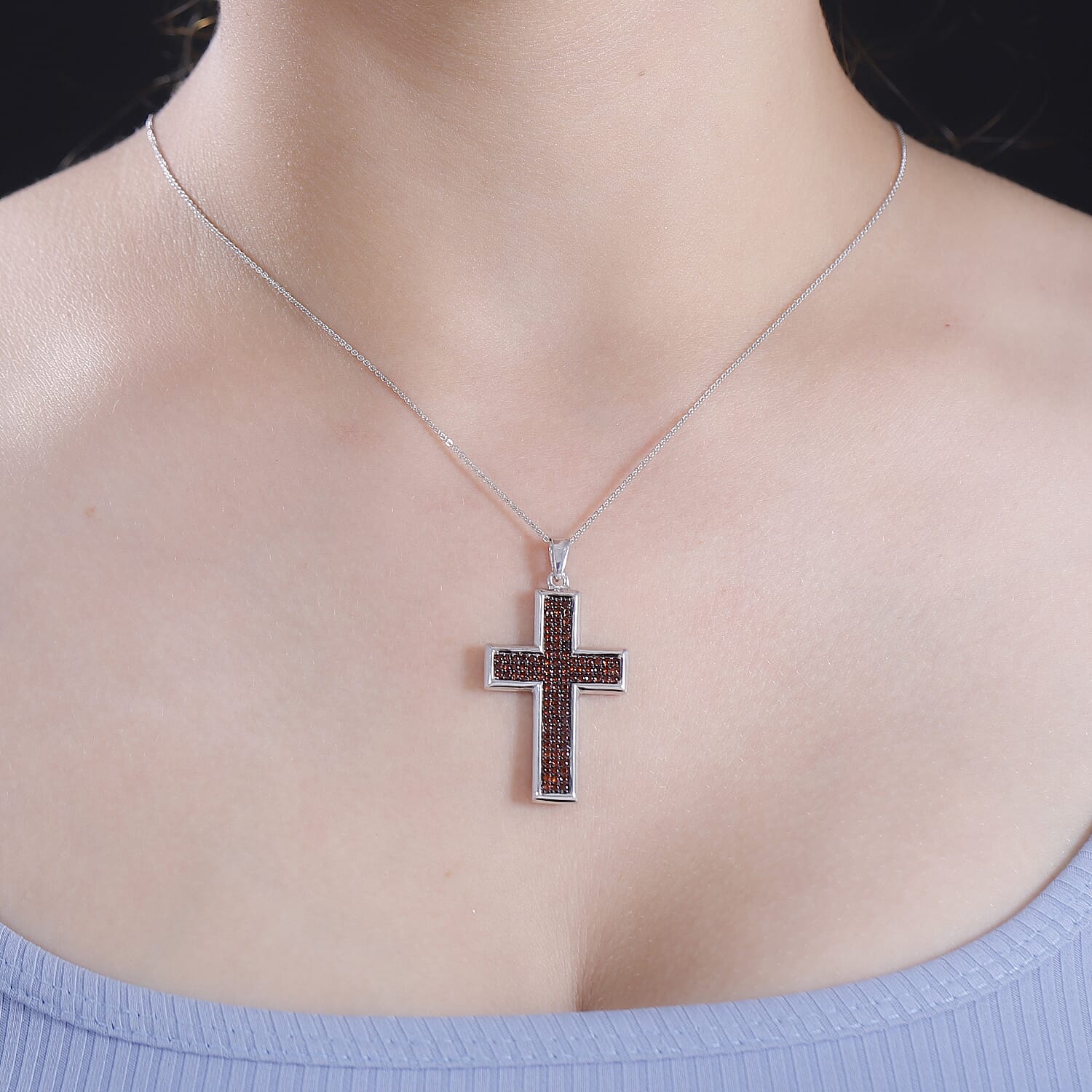 AAA Red Garnet Cross Pendant with Chain (Size 20) in Rhodium Overlay Sterling Silver 1.05 Ct.