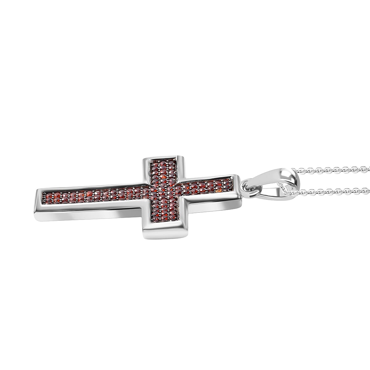 AAA Red Garnet Cross Pendant with Chain (Size 20) in Rhodium Overlay Sterling Silver 1.05 Ct.