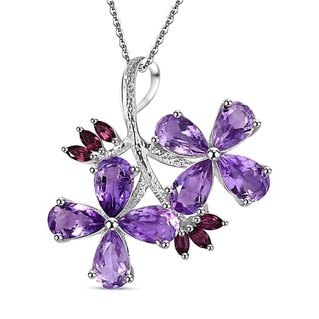 Duranta Erecta Flower Inspired Moroccan Amethyst & Rhodolite Garnet Pendant with Chain (Size 20) in Rhodium overlay Sterling Silver 6.400 Ct.