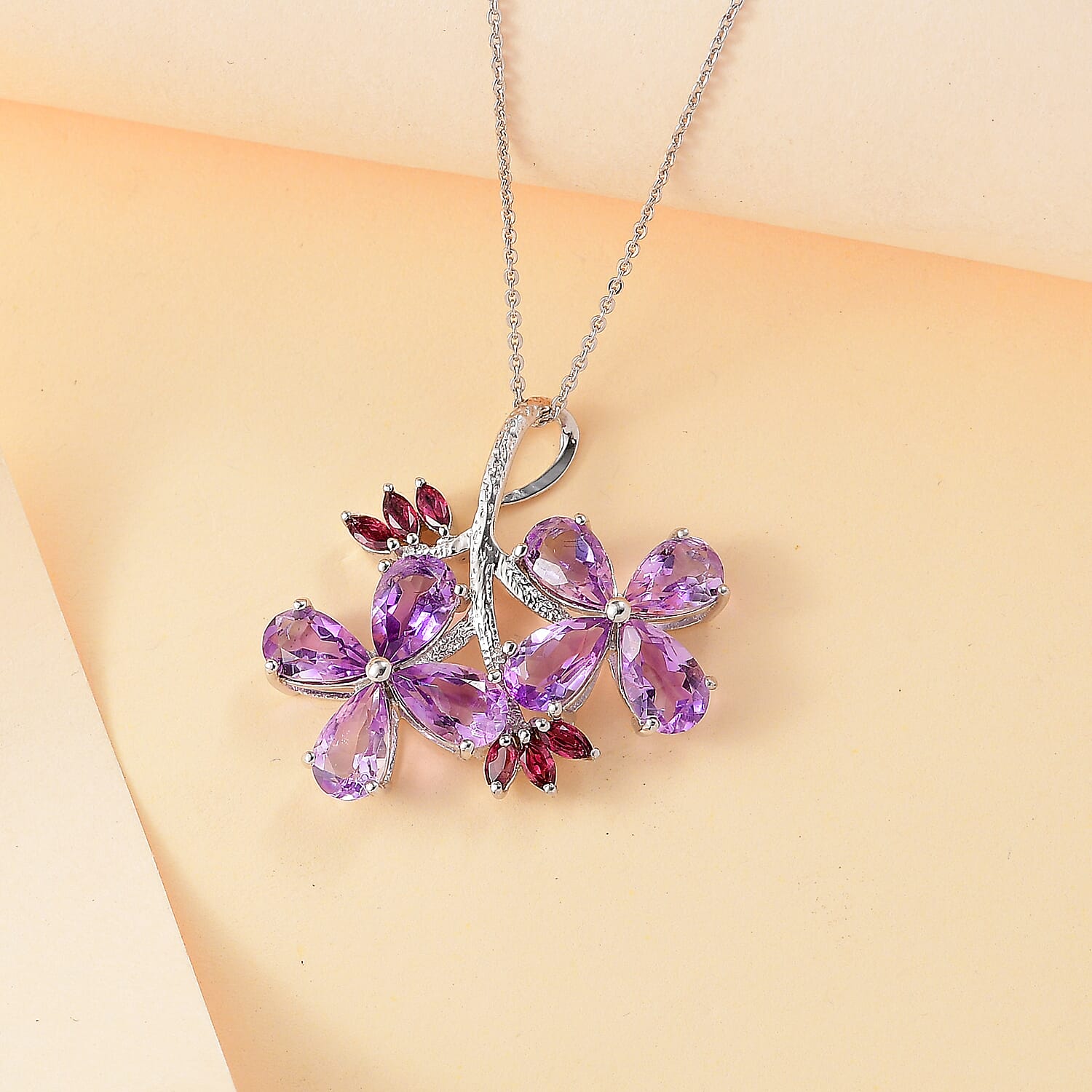 Duranta Erecta Flower Inspired Moroccan Amethyst & Rhodolite Garnet Pendant with Chain (Size 20) in Rhodium overlay Sterling Silver 6.40 Ct.