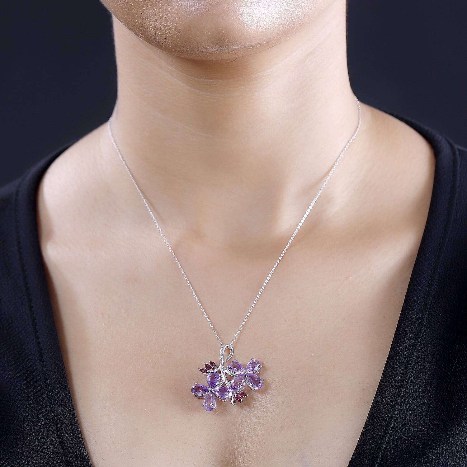 Duranta Erecta Flower Inspired Moroccan Amethyst & Rhodolite Garnet Pendant with Chain (Size 20) in Rhodium overlay Sterling Silver 6.40 Ct.