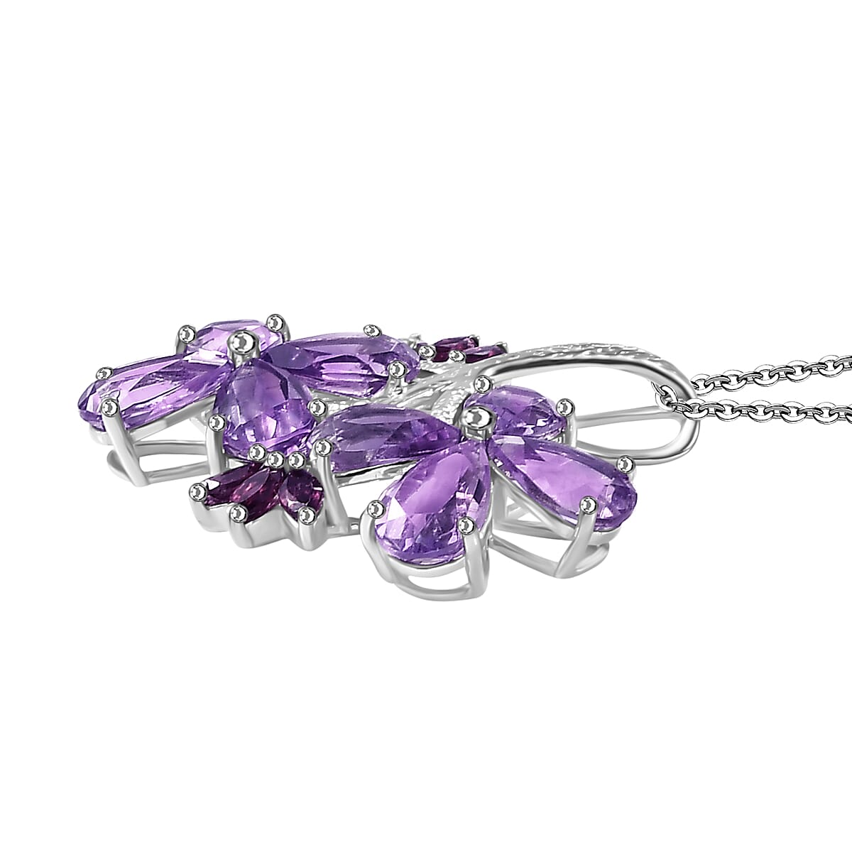 Duranta Erecta Flower Inspired Moroccan Amethyst & Rhodolite Garnet Pendant with Chain (Size 20) in Rhodium overlay Sterling Silver 6.40 Ct.