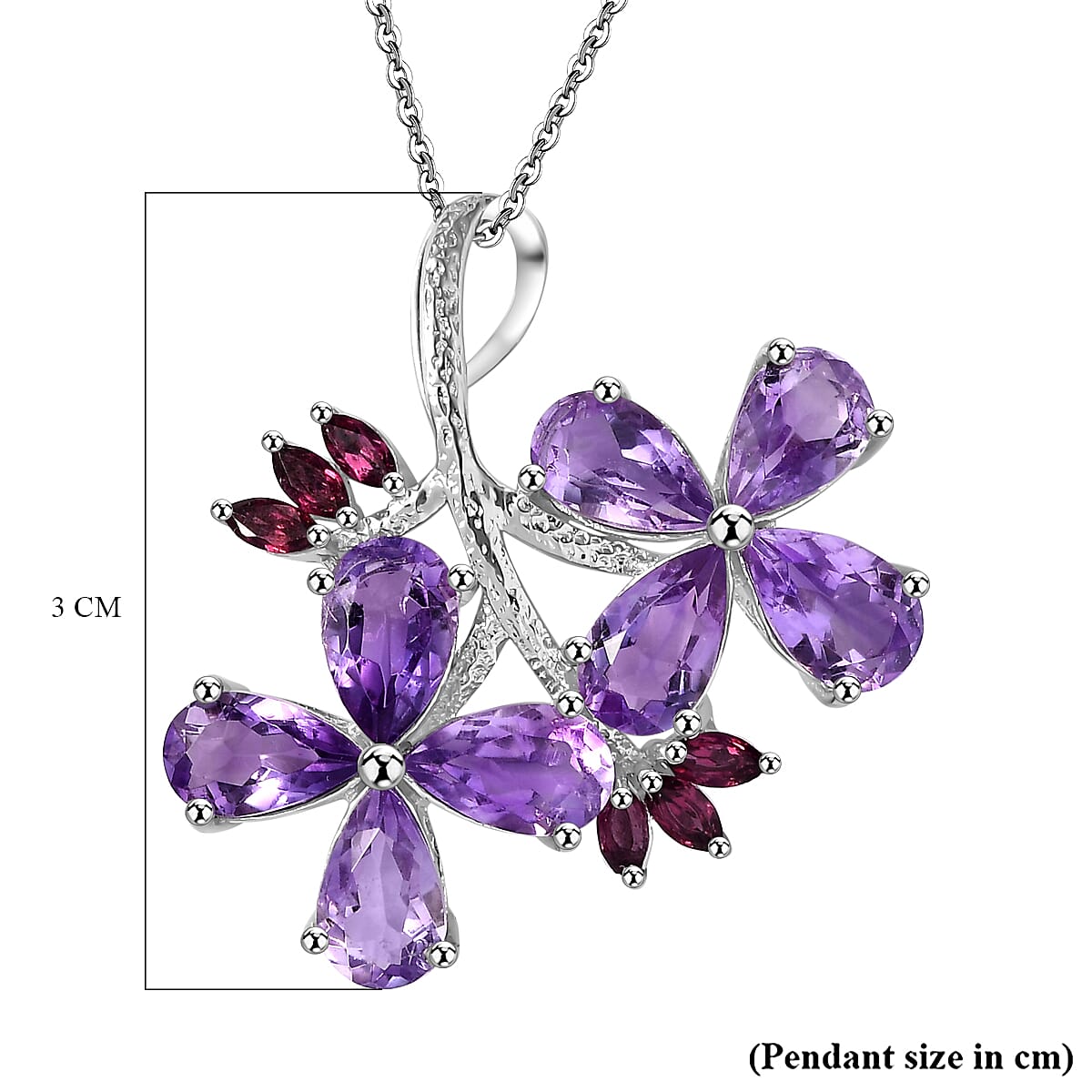 Duranta Erecta Flower Inspired Moroccan Amethyst & Rhodolite Garnet Pendant with Chain (Size 20) in Rhodium overlay Sterling Silver 6.40 Ct.