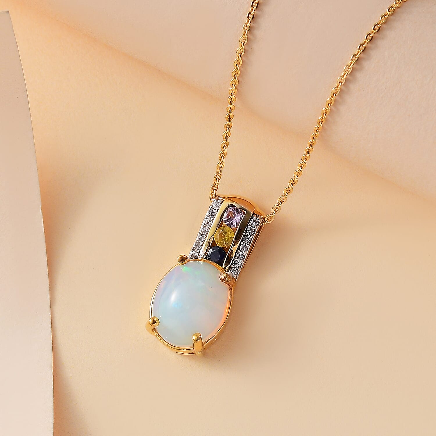 18K VERMEIL YELLOW GOLD PLATED Ethiopian Opal Pendent With Chain