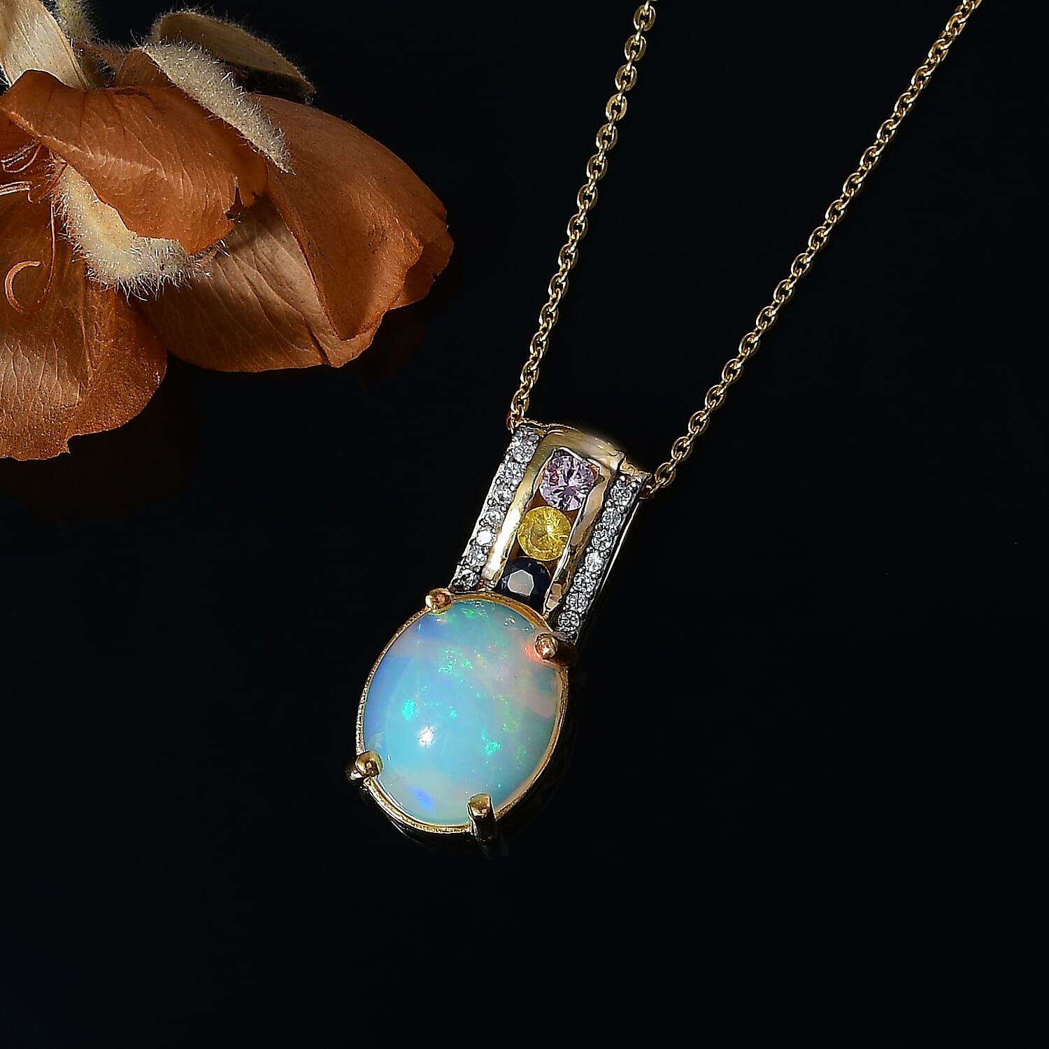 18K VERMEIL YELLOW GOLD PLATED Ethiopian Opal Pendent With Chain