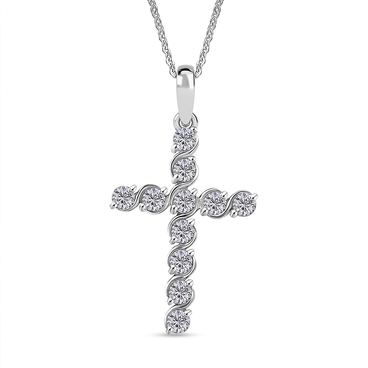 J Francis - Swarovski Zirconia Cross Pendant with Chain (Size 20) in Rhodium Overlay Sterling Silver 1.65 Ct.