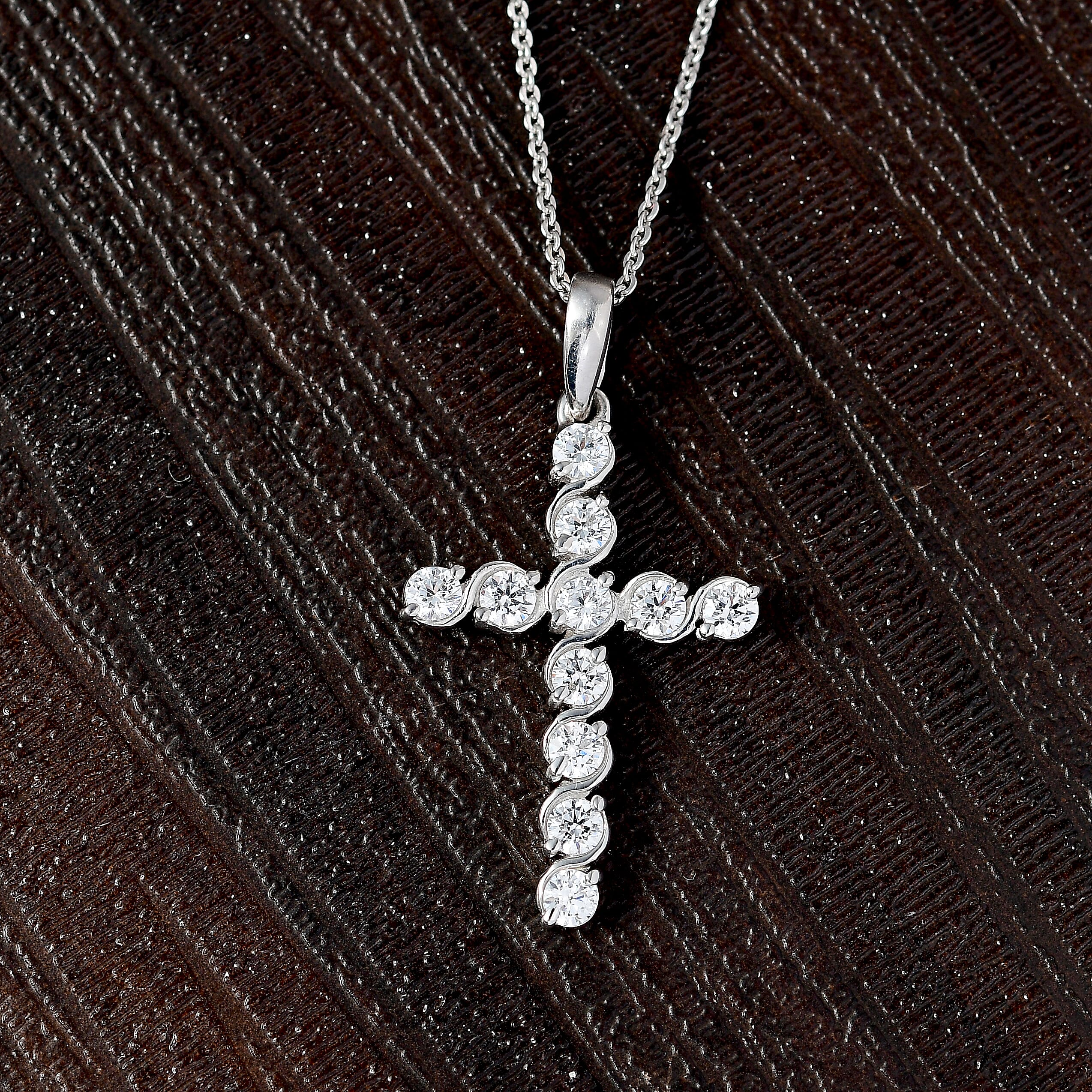 J Francis - Swarovski Zirconia Cross Pendant with Chain (Size 20) in Rhodium Overlay Sterling Silver 1.65 Ct.