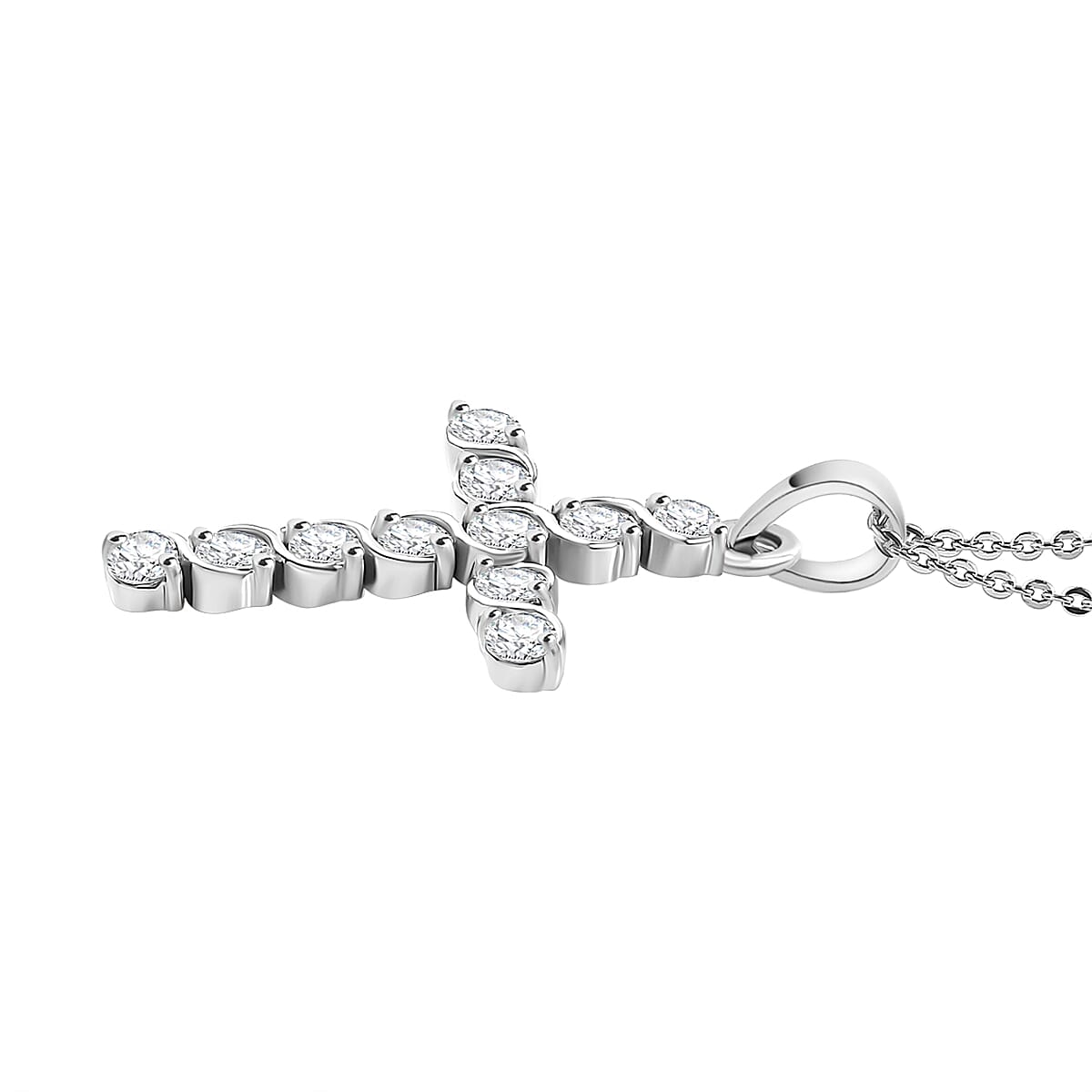 J Francis - Swarovski Zirconia Cross Pendant with Chain (Size 20) in Rhodium Overlay Sterling Silver 1.65 Ct.
