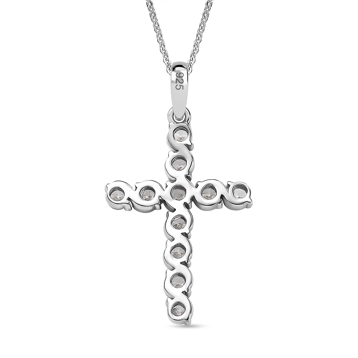 J Francis - Swarovski Zirconia Cross Pendant with Chain (Size 20) in Rhodium Overlay Sterling Silver 1.65 Ct.