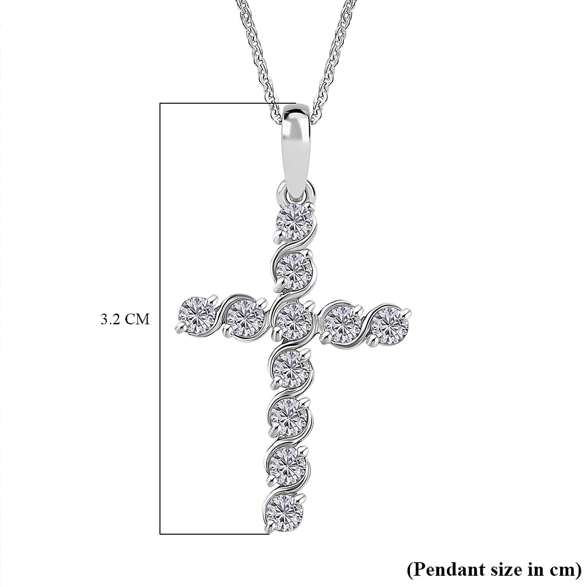 J Francis - Swarovski Zirconia Cross Pendant with Chain (Size 20) in Rhodium Overlay Sterling Silver 1.65 Ct.