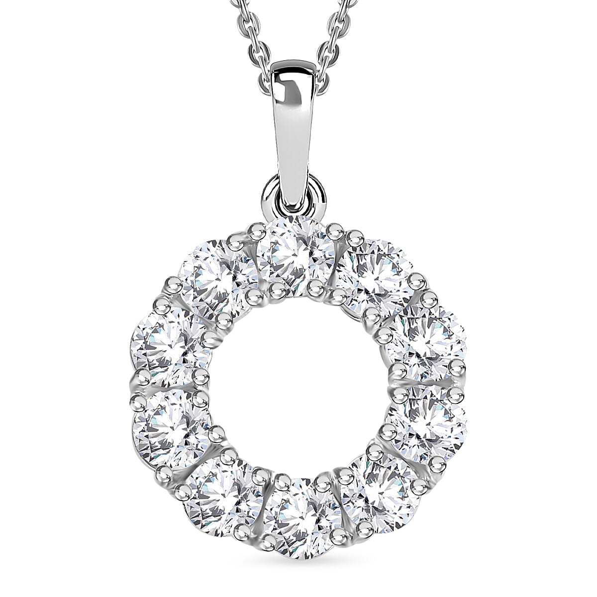 J Francis - Swarovski Zirconia Circle Pendant with Chain (Size 20) in Rhodium Overlay Sterling Silver 3.70 Ct.