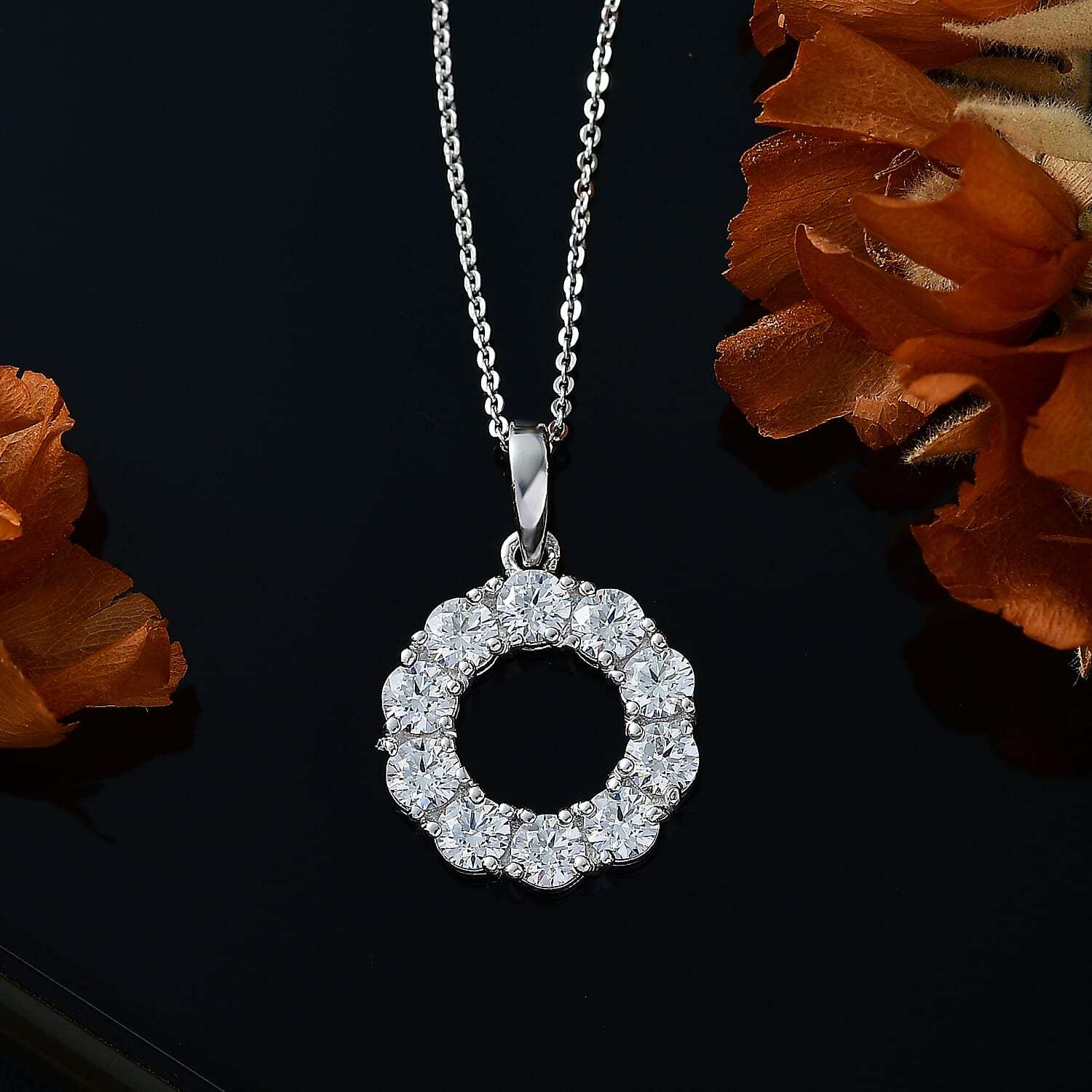 J Francis - Swarovski Zirconia Circle Pendant with Chain (Size 20) in Rhodium Overlay Sterling Silver 3.70 Ct.