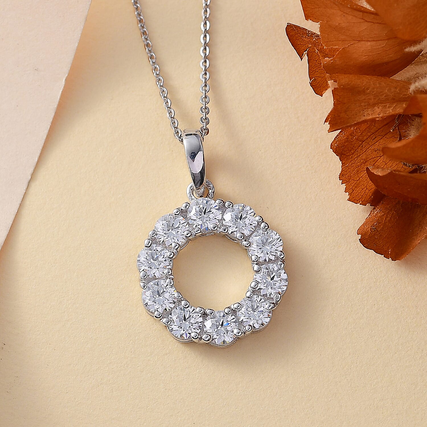J Francis - Swarovski Zirconia Circle Pendant with Chain (Size 20) in Rhodium Overlay Sterling Silver 3.70 Ct.