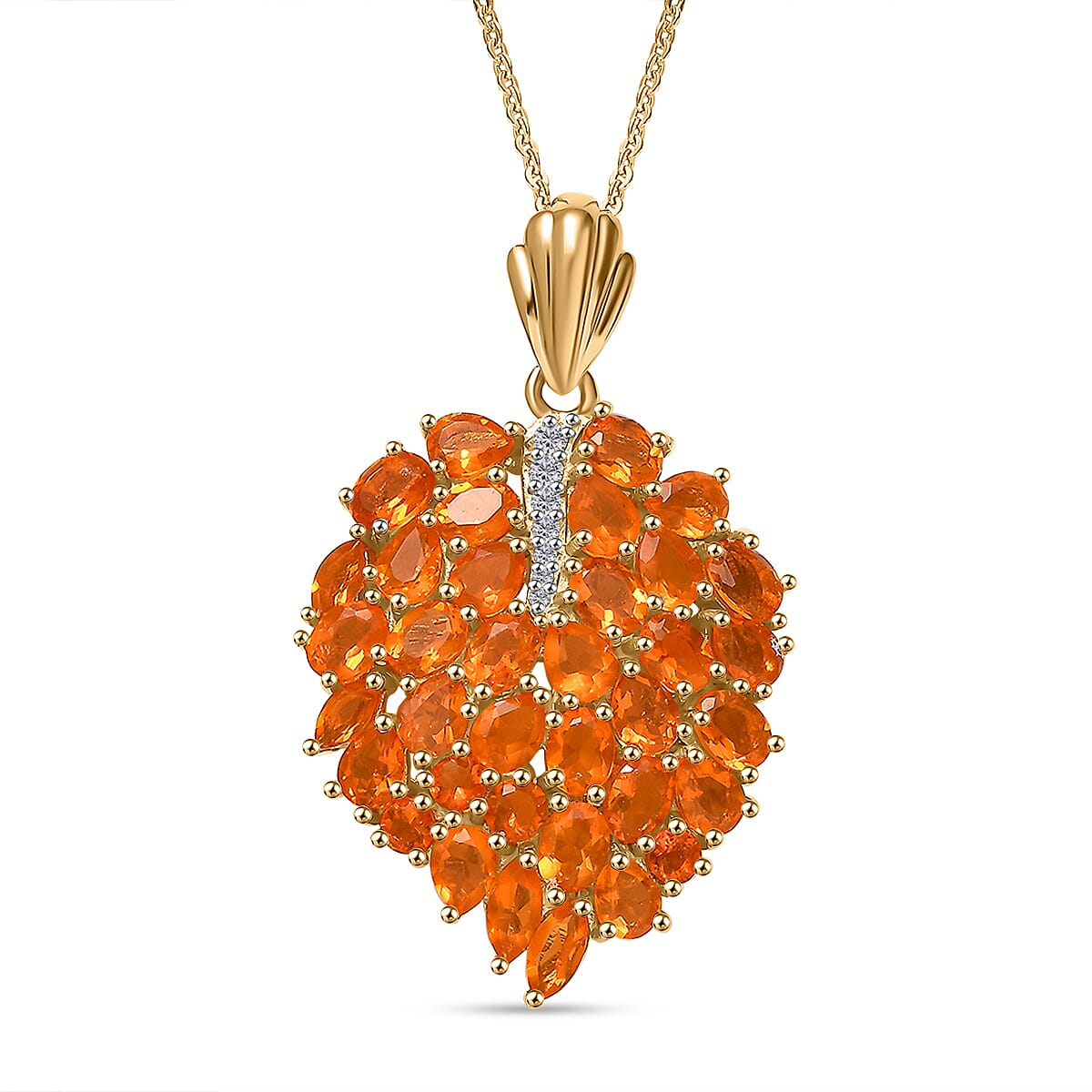 18K VERMEIL YELLOW GOLD PLATED Fire Opal Pendent With Chain  Silver