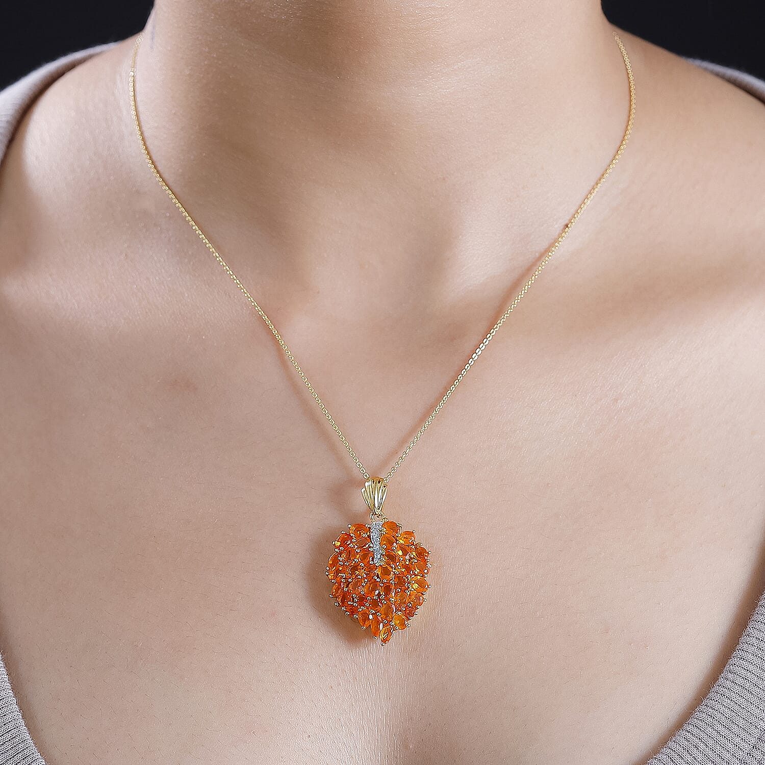 18K VERMEIL YELLOW GOLD PLATED Fire Opal Pendent With Chain  Silver