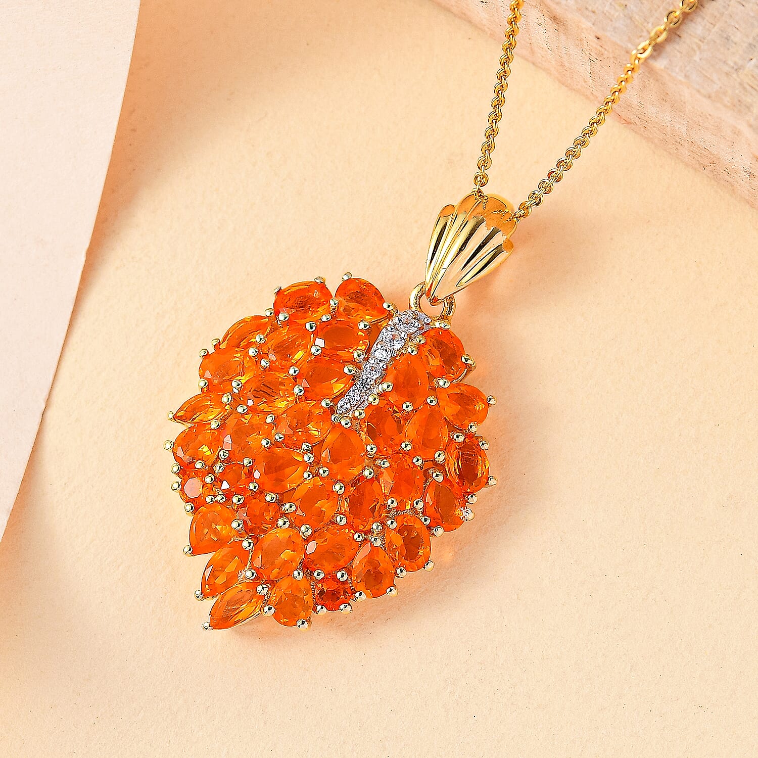 18K VERMEIL YELLOW GOLD PLATED Fire Opal Pendent With Chain  Silver