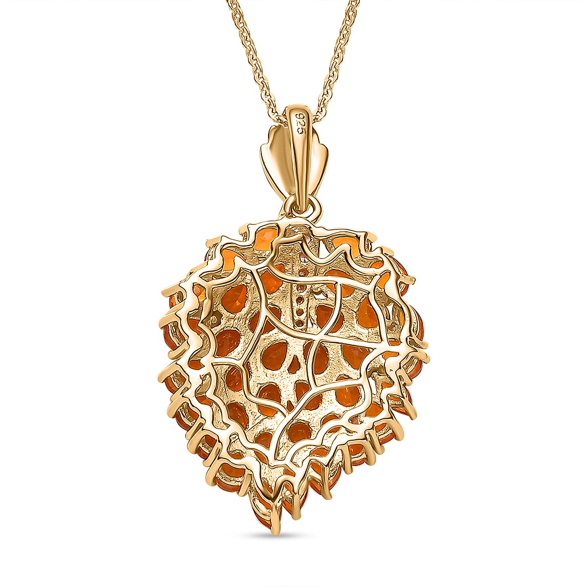 18K VERMEIL YELLOW GOLD PLATED Fire Opal Pendent With Chain  Silver