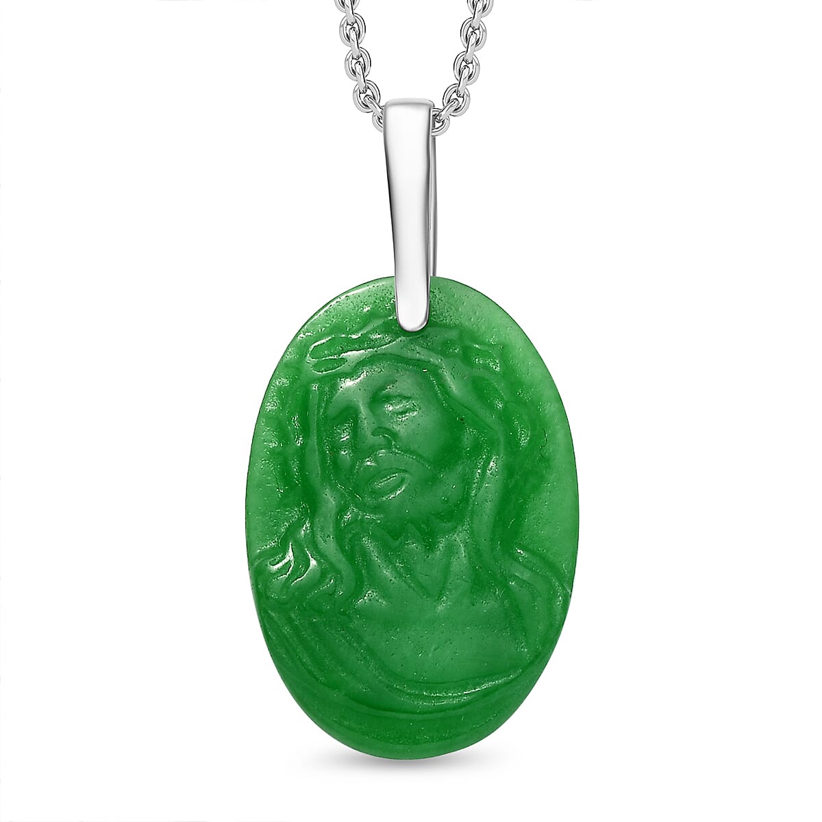 Platinum Overlay Green Jade Pendant with Steel Chain (Size 20)  22.000  Ct.