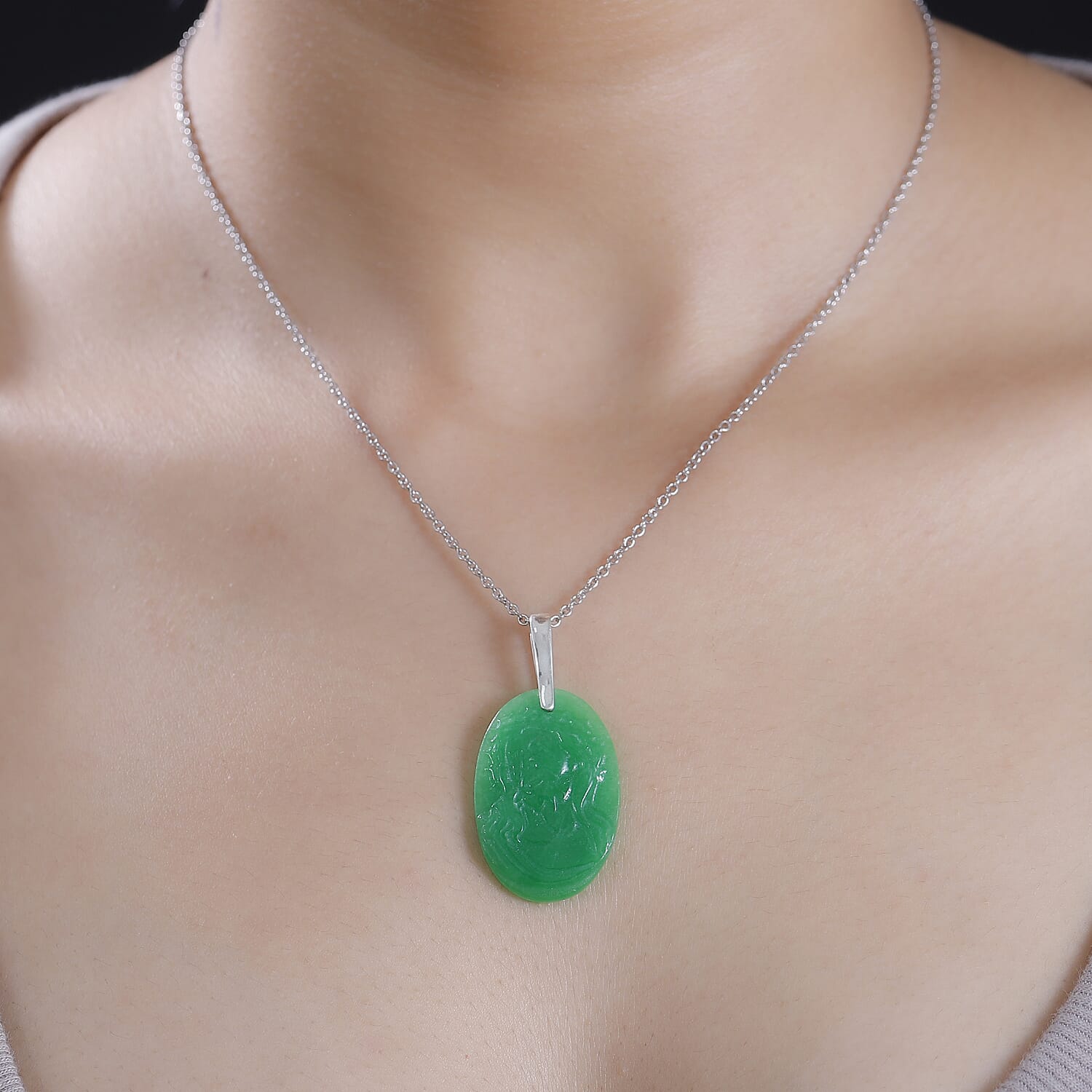 Platinum Overlay Green Jade Pendant with Steel Chain (Size 20)  22.000  Ct.