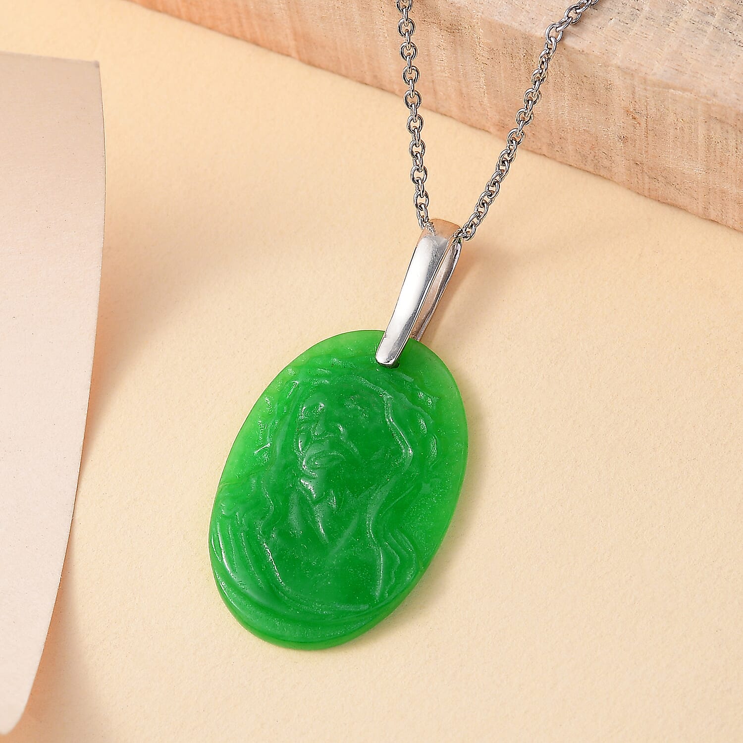 Platinum Overlay Green Jade Pendant with Steel Chain (Size 20)  22.000  Ct.