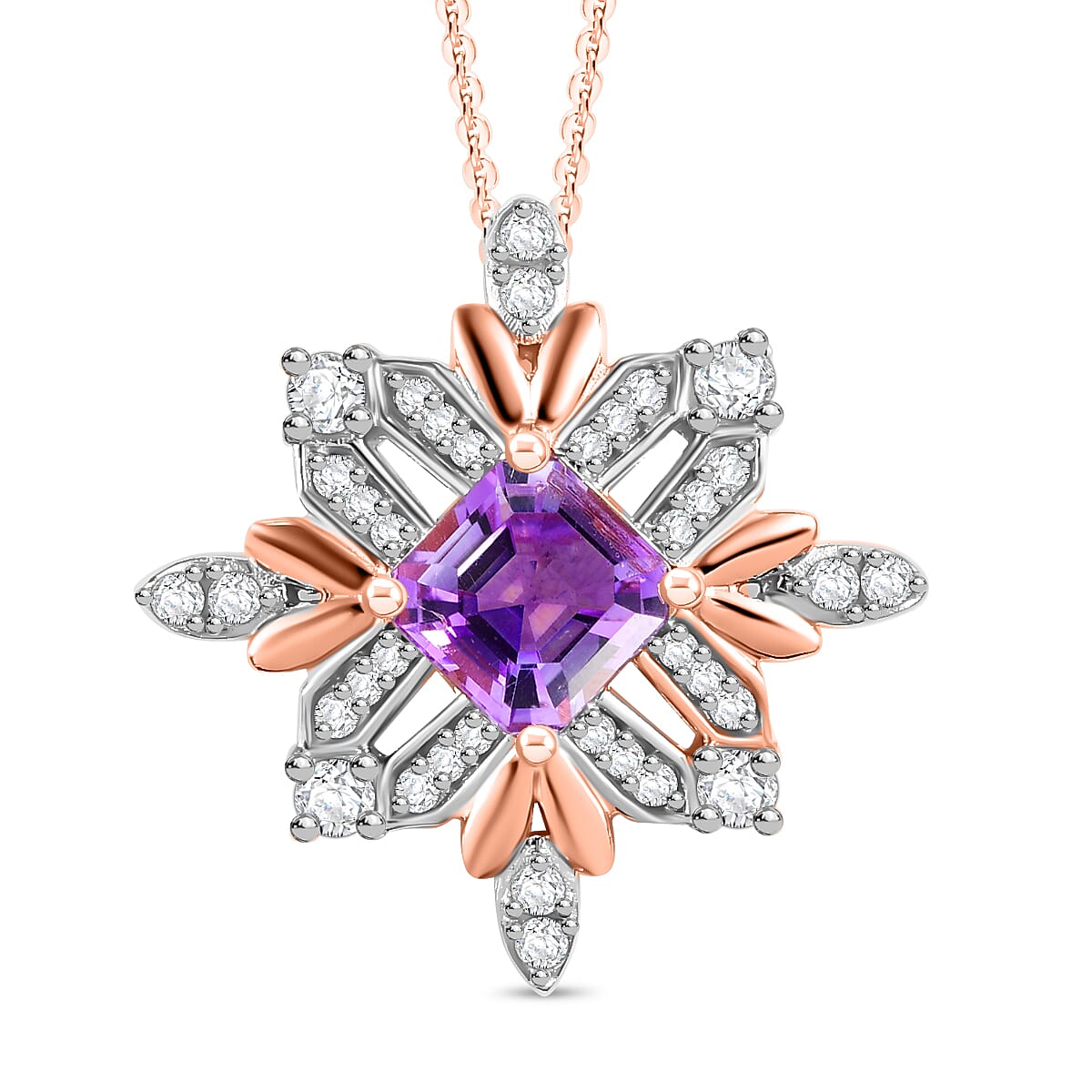 Snowflake Inspired Natural Rose De Morocco Amethyst & White Zircon Pendant with Chain (Size 20) in 18K Vermeil Rose Gold 1.950 Ct.