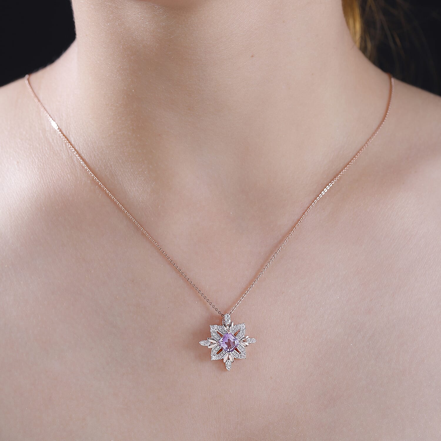 Snowflake Inspired Natural Rose De Morocco Amethyst & White Zircon Pendant with Chain (Size 20) in 18K Vermeil Rose Gold 1.950 Ct.