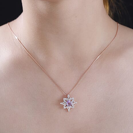 Snowflake Inspired Natural Rose De Morocco Amethyst & White Zircon Pendant with Chain (Size 20) in 18K Vermeil Rose Gold 1.950 Ct.