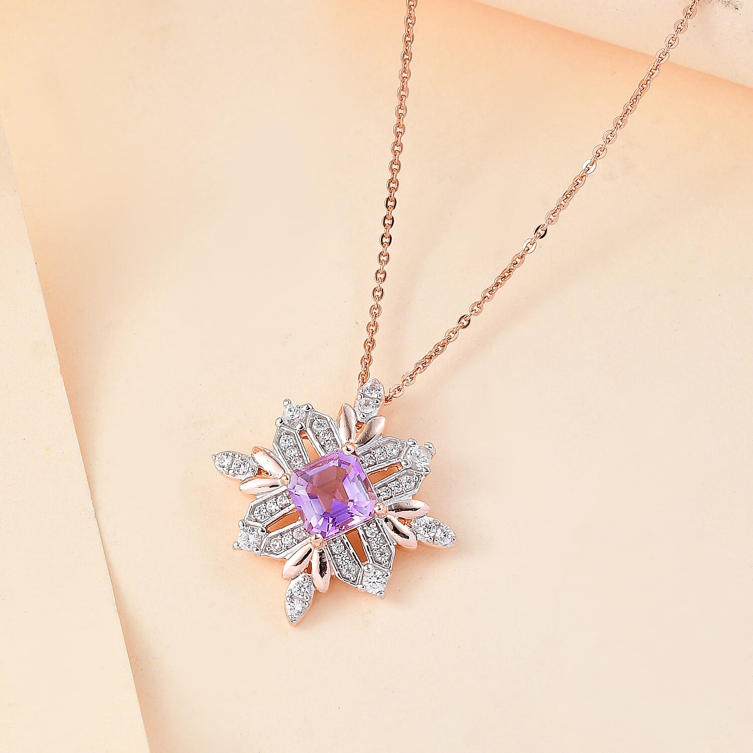 Snowflake Inspired Natural Rose De Morocco Amethyst & White Zircon Pendant with Chain (Size 20) in 18K Vermeil Rose Gold 1.950 Ct.