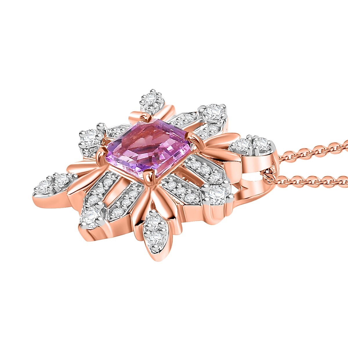 Snowflake Inspired Natural Rose De Morocco Amethyst & White Zircon Pendant with Chain (Size 20) in 18K Vermeil Rose Gold 1.950 Ct.