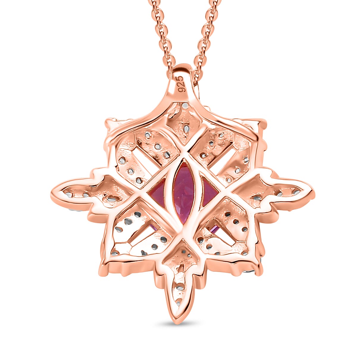 Snowflake Inspired Natural Rose De Morocco Amethyst & White Zircon Pendant with Chain (Size 20) in 18K Vermeil Rose Gold 1.950 Ct.
