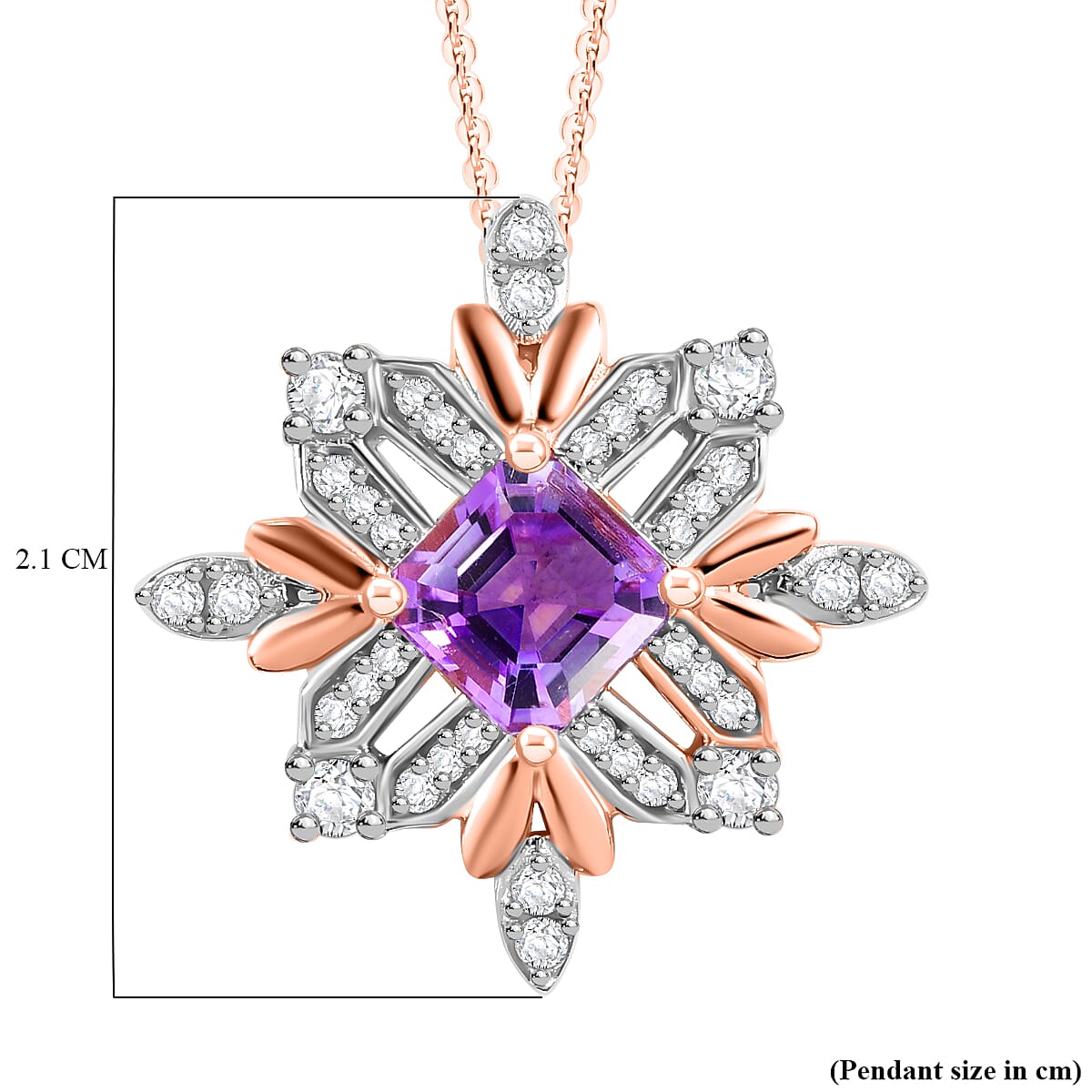 Snowflake Inspired Natural Rose De Morocco Amethyst & White Zircon Pendant with Chain (Size 20) in 18K Vermeil Rose Gold 1.950 Ct.