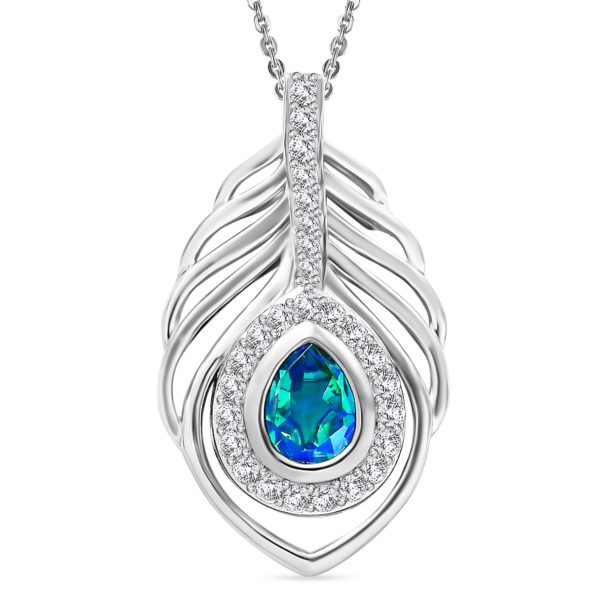 Peacock Triplet Quartz,  White Zircon Pendant with Chain (Size 20) in rhodium Sterling Silver  Silver Wt. 5.9 Gms  1.880  Ct.