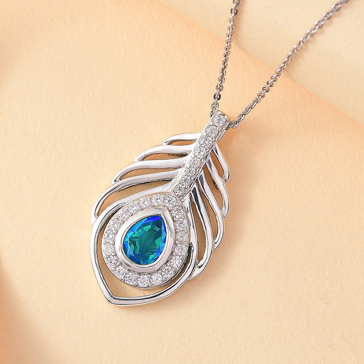 Peacock Triplet Quartz,  White Zircon Pendant with Chain (Size 20) in rhodium Sterling Silver  Silver Wt. 5.9 Gms  1.880  Ct.