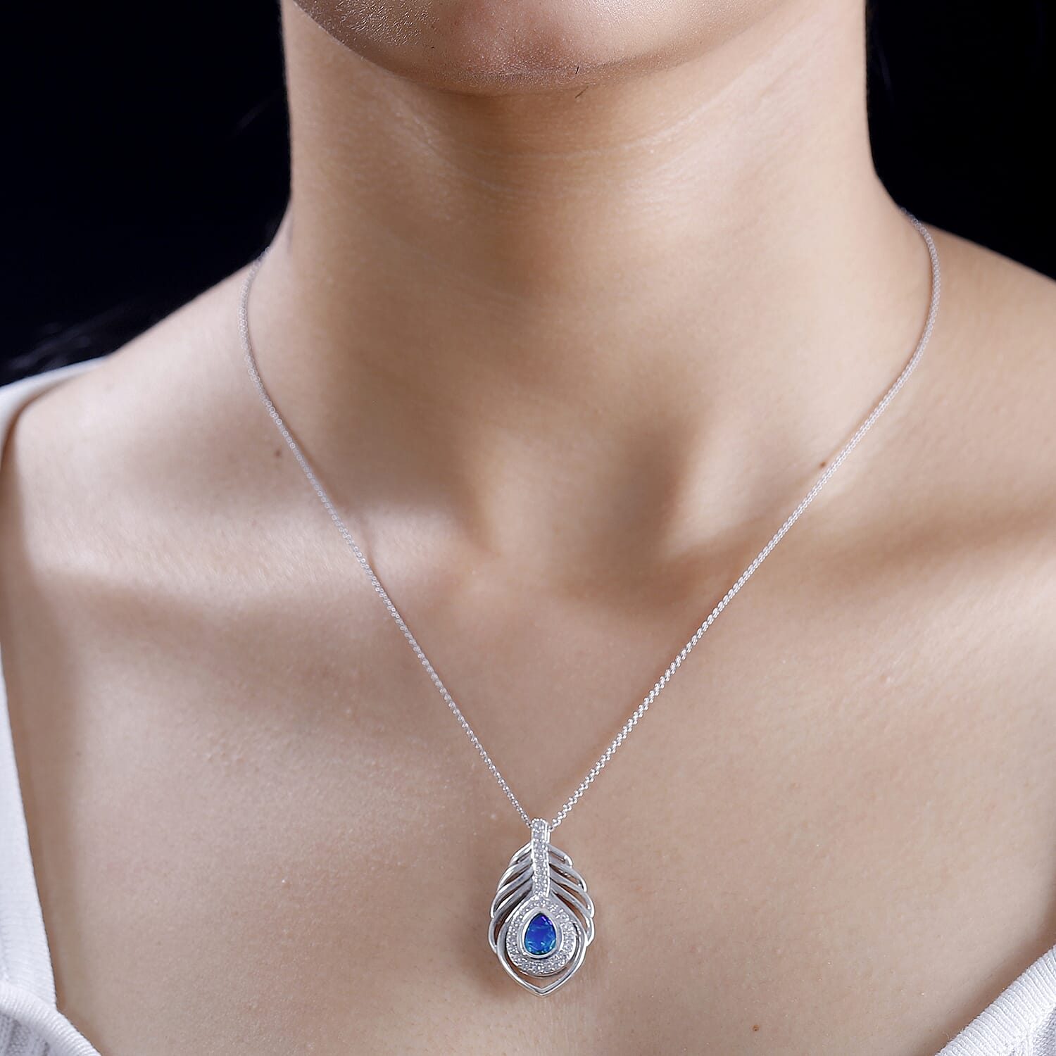 Peacock Triplet Quartz,  White Zircon Pendant with Chain (Size 20) in rhodium Sterling Silver  Silver Wt. 5.9 Gms  1.880  Ct.