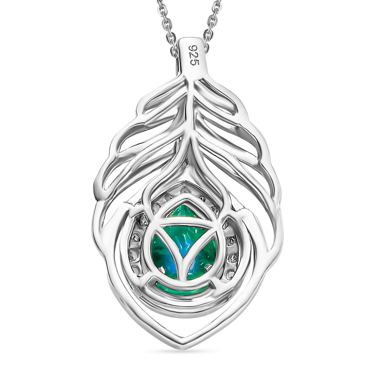 Peacock Triplet Quartz,  White Zircon Pendant with Chain (Size 20) in rhodium Sterling Silver  Silver Wt. 5.9 Gms  1.880  Ct.
