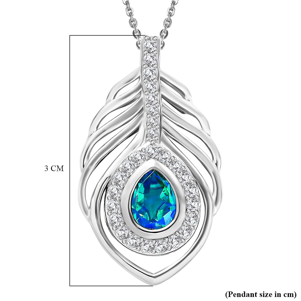 Peacock Triplet Quartz,  White Zircon Pendant with Chain (Size 20) in rhodium Sterling Silver  Silver Wt. 5.9 Gms  1.880  Ct.