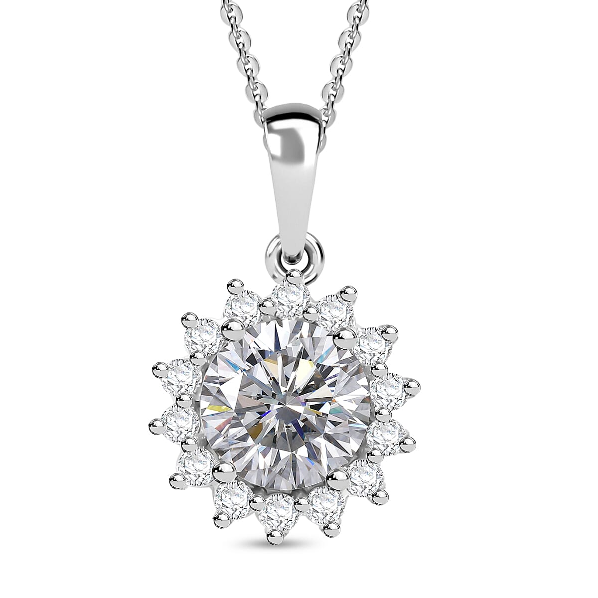J Francis - Swarovski Zirconia Sunburst Halo Pendant with Chain (Size 20) in Rhodium Overlay Sterling Silver 4.02 Ct.