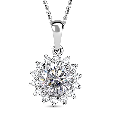 J Francis - Swarovski Zirconia Sunburst Halo Pendant with Chain (Size 20) in Rhodium Overlay Sterling Silver 4.02 Ct.