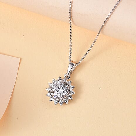 J Francis - Swarovski Zirconia Sunburst Halo Pendant with Chain (Size 20) in Rhodium Overlay Sterling Silver 4.02 Ct.
