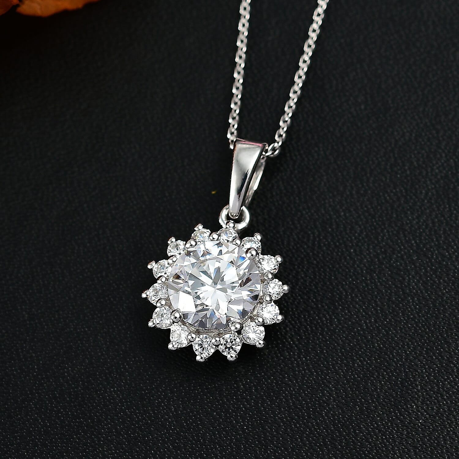 J Francis - Swarovski Zirconia Sunburst Halo Pendant with Chain (Size 20) in Rhodium Overlay Sterling Silver 4.02 Ct.