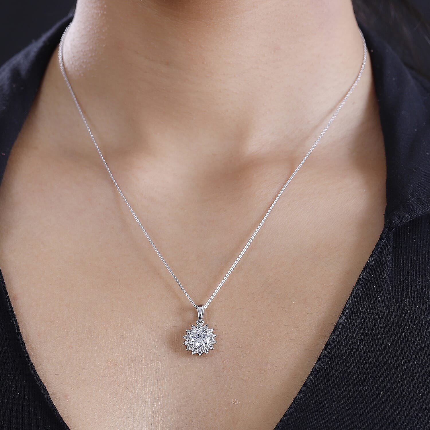 J Francis - Swarovski Zirconia Sunburst Halo Pendant with Chain (Size 20) in Rhodium Overlay Sterling Silver 4.02 Ct.