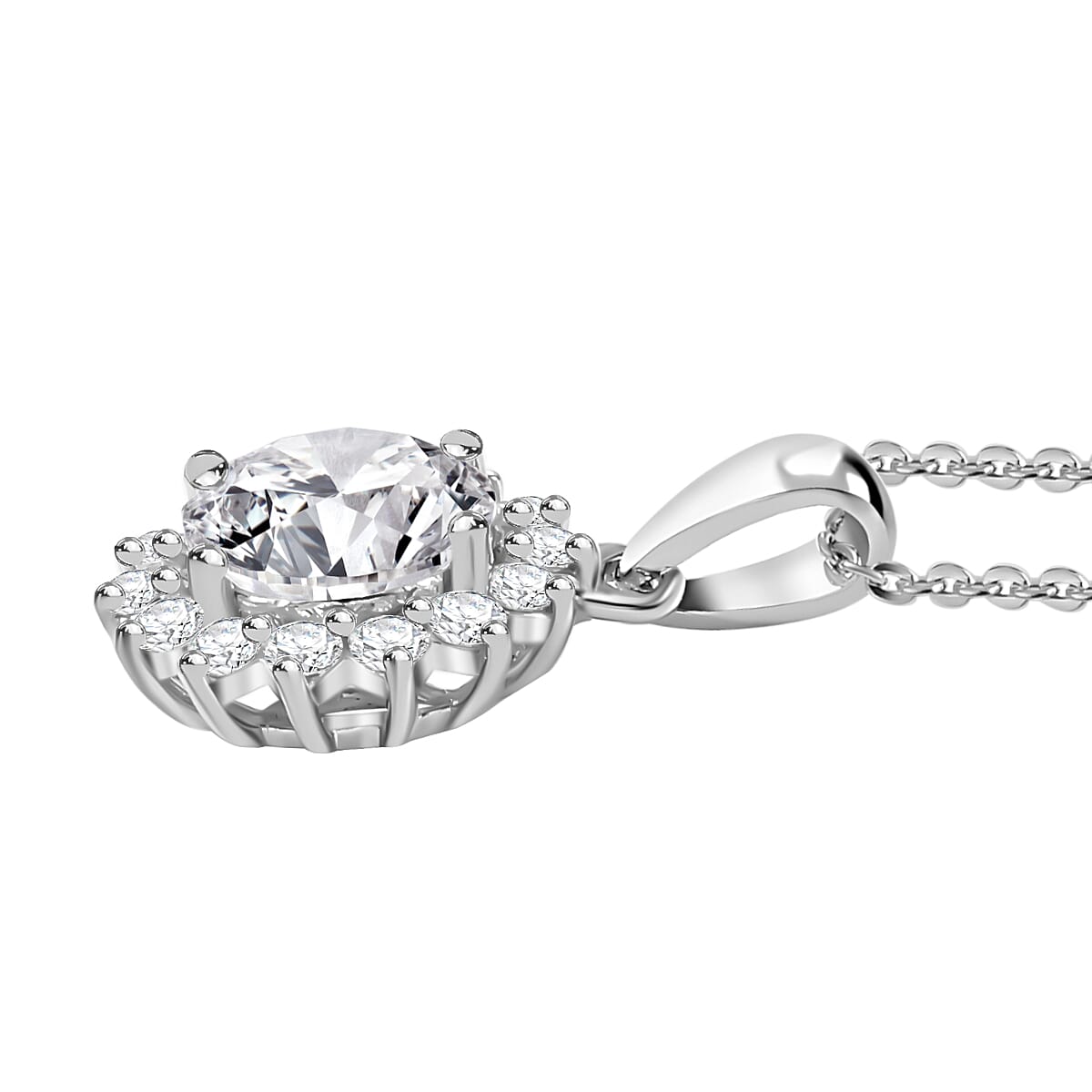 J Francis - Swarovski Zirconia Sunburst Halo Pendant with Chain (Size 20) in Rhodium Overlay Sterling Silver 4.02 Ct.