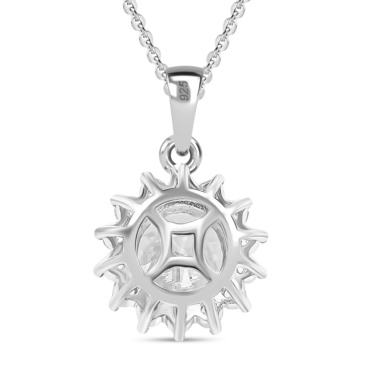 J Francis - Swarovski Zirconia Sunburst Halo Pendant with Chain (Size 20) in Rhodium Overlay Sterling Silver 4.02 Ct.