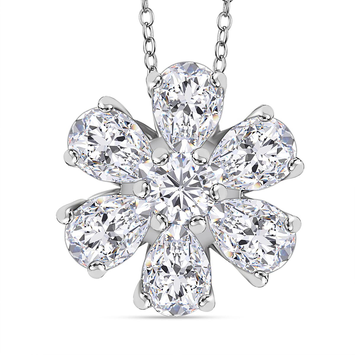 J Francis - Swarovski Zirconia Floral Pendant with Chain (Size 20) in Rhodium Overlay Sterling Silver 4.59 Ct.