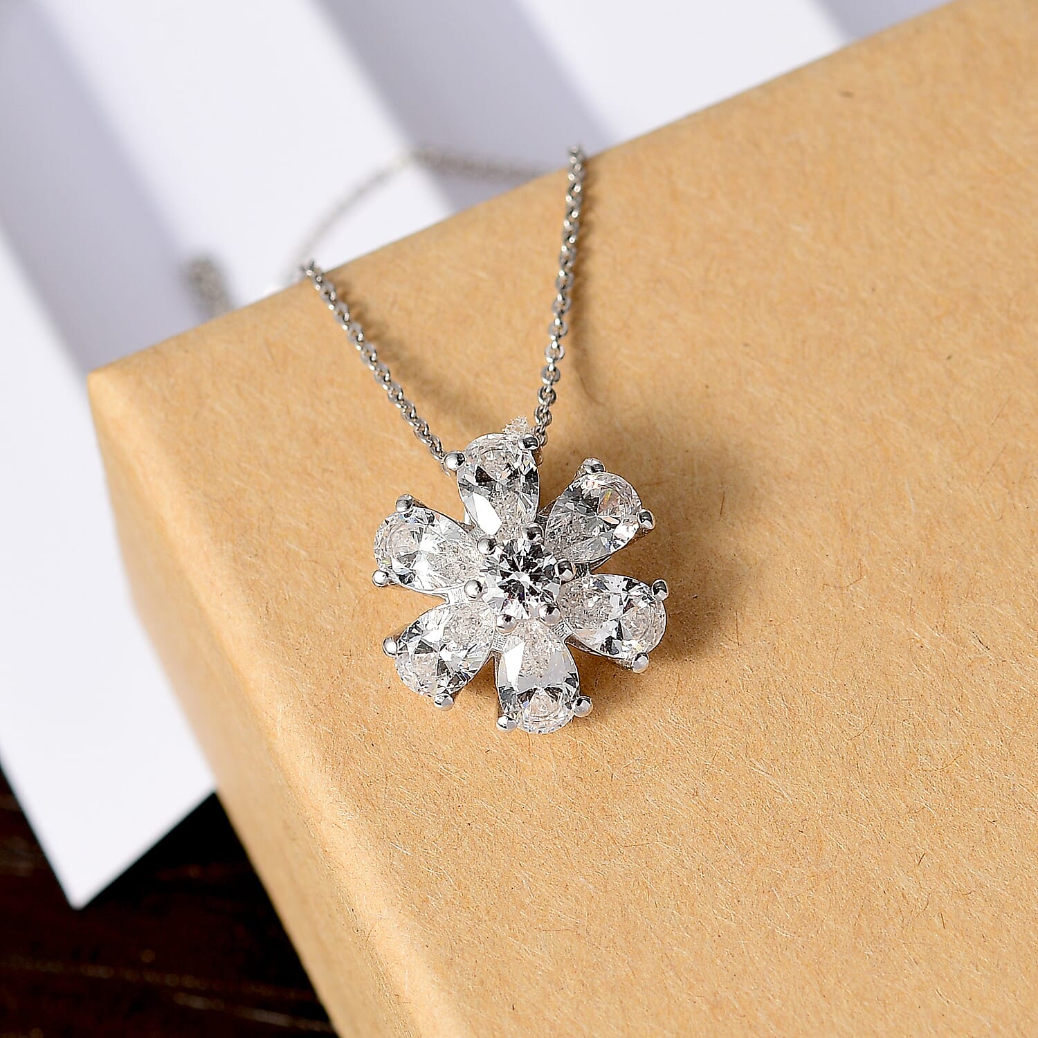 J Francis - Swarovski Zirconia Floral Pendant with Chain (Size 20) in Rhodium Overlay Sterling Silver 4.59 Ct.
