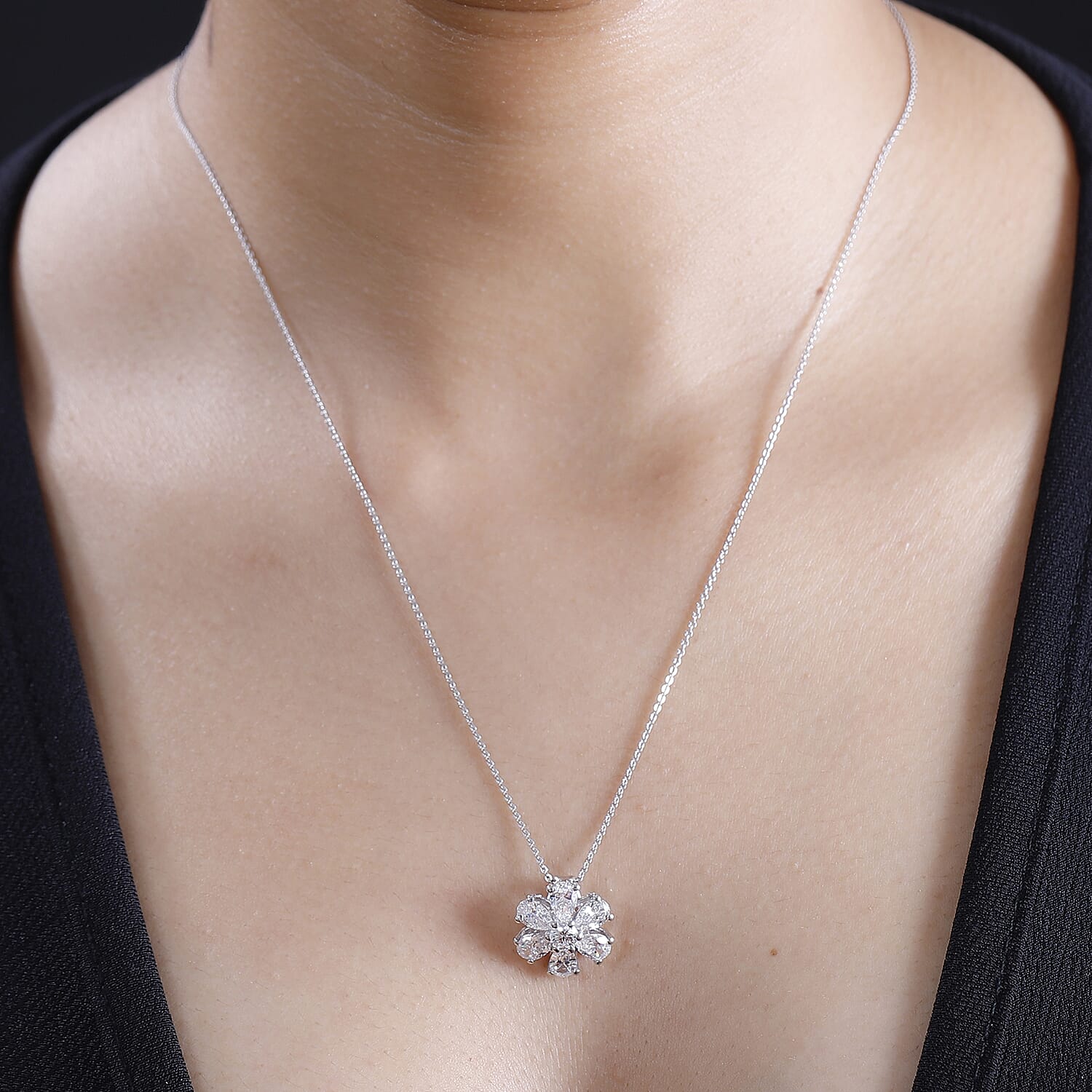 J Francis - Swarovski Zirconia Floral Pendant with Chain (Size 20) in Rhodium Overlay Sterling Silver 4.59 Ct.