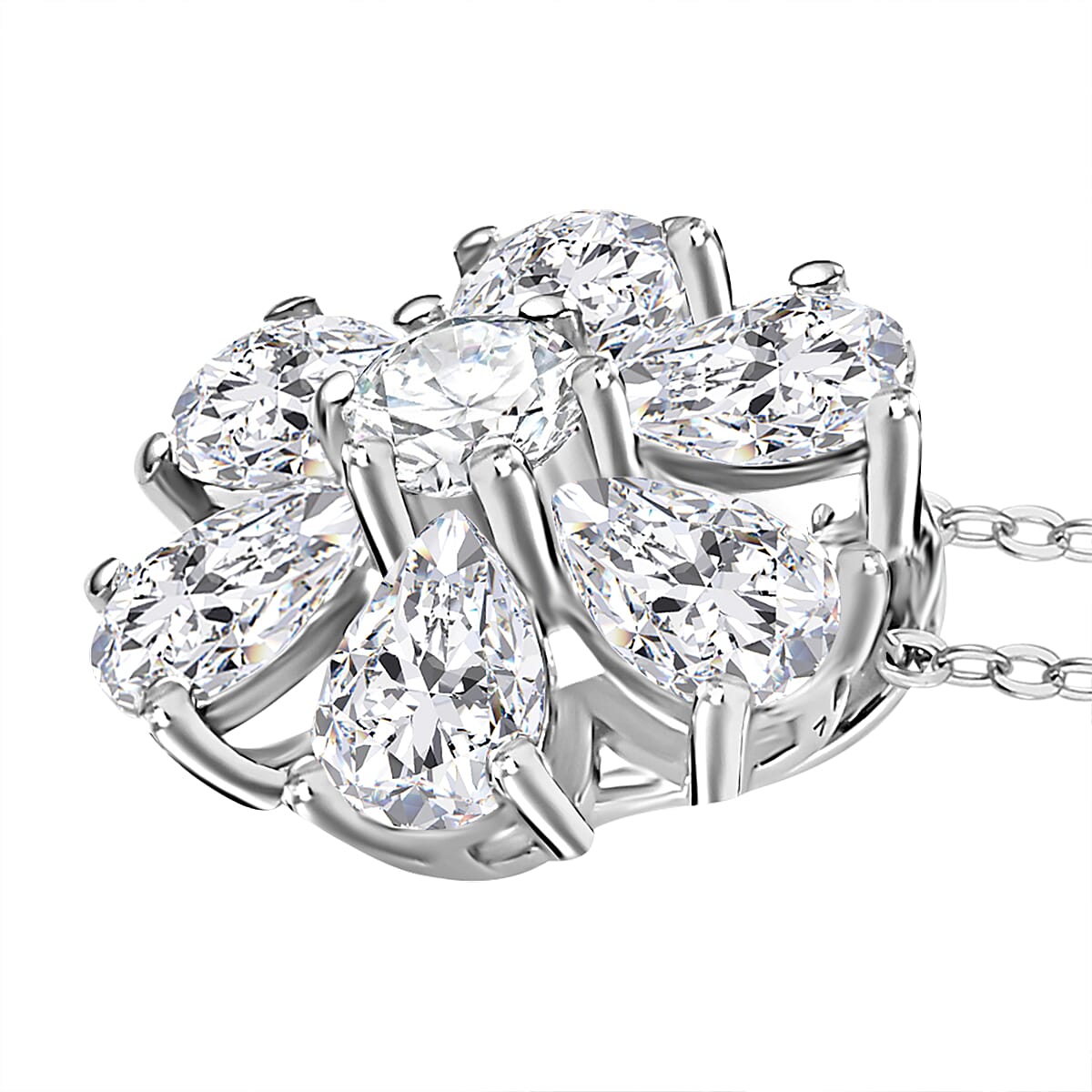 J Francis - Swarovski Zirconia Floral Pendant with Chain (Size 20) in Rhodium Overlay Sterling Silver 4.59 Ct.